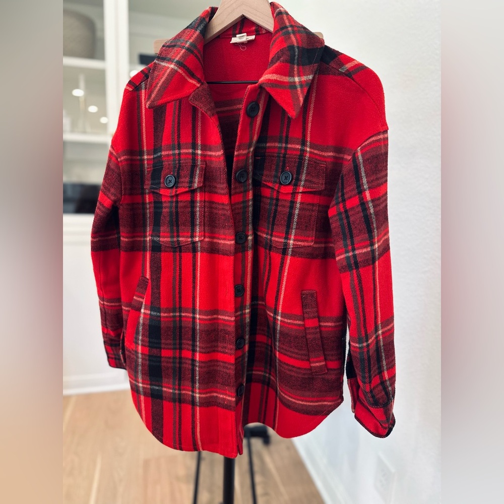 a.n.a Red and Black Plaid Jacket | Shacket